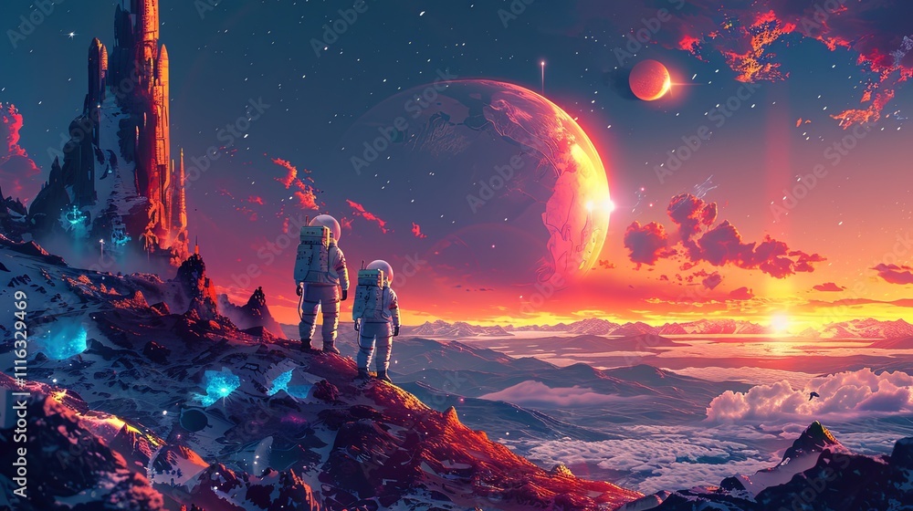 Fototapeta premium Three astronauts in spacesuits stand on a rocky alien landscape under a vivid sky featuring a massive planet and distant moons. 