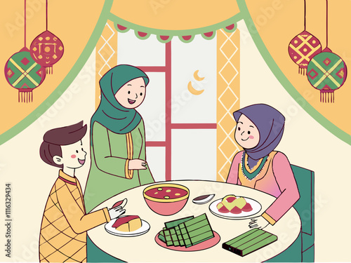 A peaceful moment during Hari Raya inside a home. A beautifully decorated dining table with traditional dishes like ketupat, rendang, and sambal, surrounded by family members in vibrant traditional ou