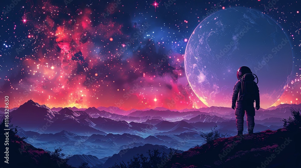 Obraz premium Three astronauts in spacesuits stand on a rocky alien landscape under a vivid sky featuring a massive planet and distant moons. 