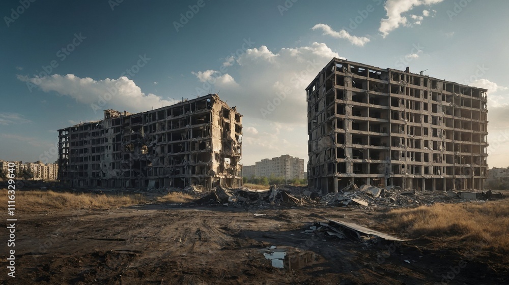 Fototapeta premium Destroyed apartment buildings with multiple floors exposed and debris scattered around, dramatic sky with white clouds, depicting urban destruction in wartime conditions