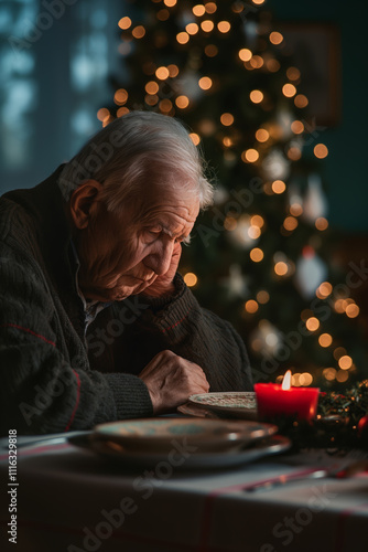Elderly person spending Christmas alone in empty home without family. Old sad man sitting at the table, decorated Christmas tree in the background. Concept: Loneliness and poverty among older people