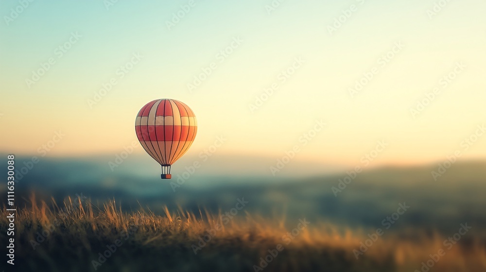 Obraz premium Hot Air Balloon Flying Over Grassy Landscape at Sunset