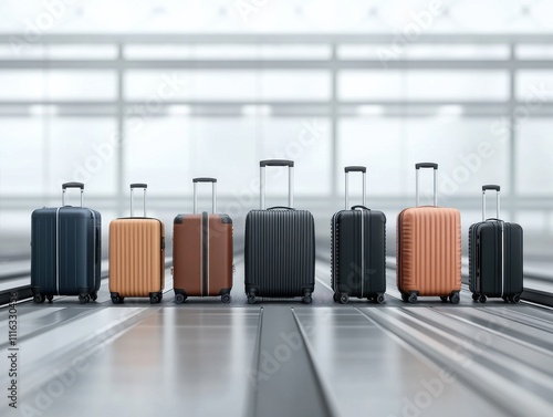 A row of stylish luggage pieces lined up on a conveyor belt in a modern airport setting, showcasing various colors and designs. photo