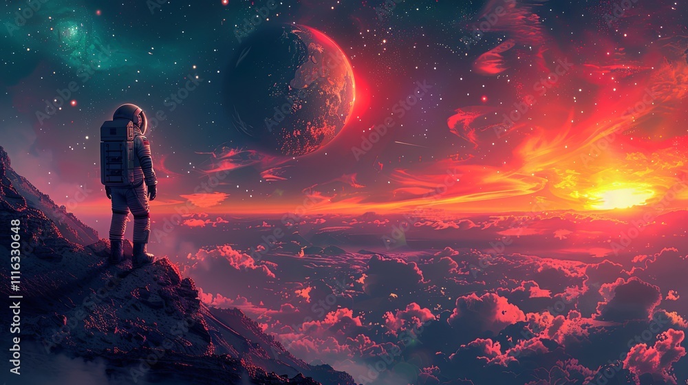 Three astronauts in spacesuits stand on a rocky alien landscape under a vivid sky featuring a massive planet and distant moons.
Three astronauts in spacesuits stand on a rocky alien landscape under a vivid sky featuring a massive planet and distant moons.
