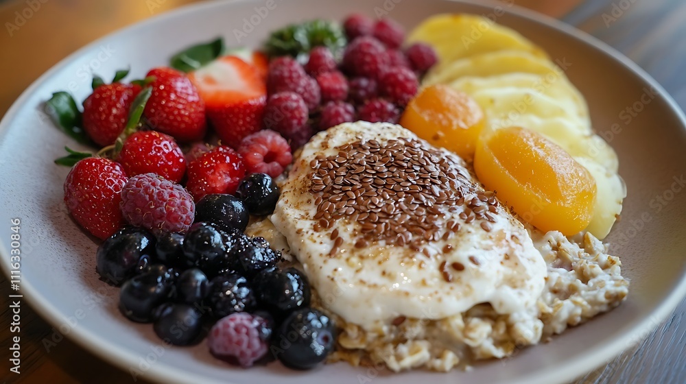 A wholesome breakfast plate with oatmeal, flaxseeds, and berries, offering a nutrient-rich start to the day for immune support A wholesome breakfast plate with oatmeal, flaxseeds, and berries, offering a nutrient-rich start to the day for immune support