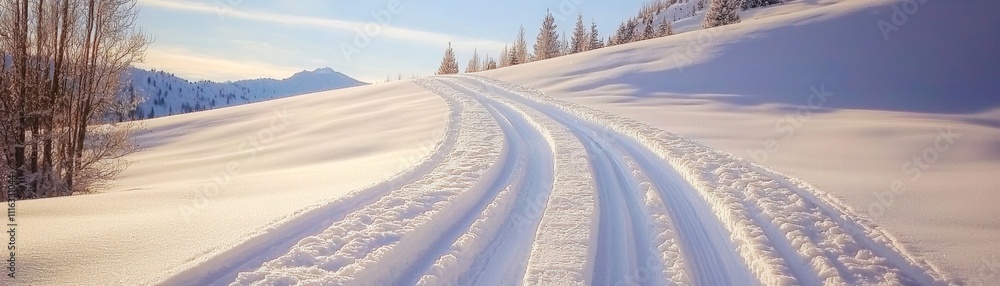 A serene snow-covered landscape with a winding path, lined by trees under a clear blue sky, inviting exploration and tranquility. A serene snow-covered landscape with a winding path, lined by trees under a clear blue sky, inviting exploration and tranquility.