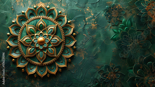 Minimalist Green and Gold Islamic Background with Intricate Mandala Patterns for Eid al-Fitr