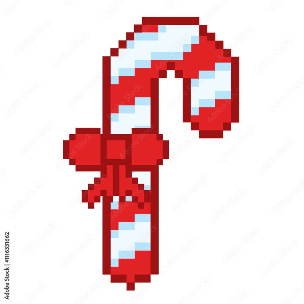 Obraz premium Pixel art candy cane with red bow Vector
