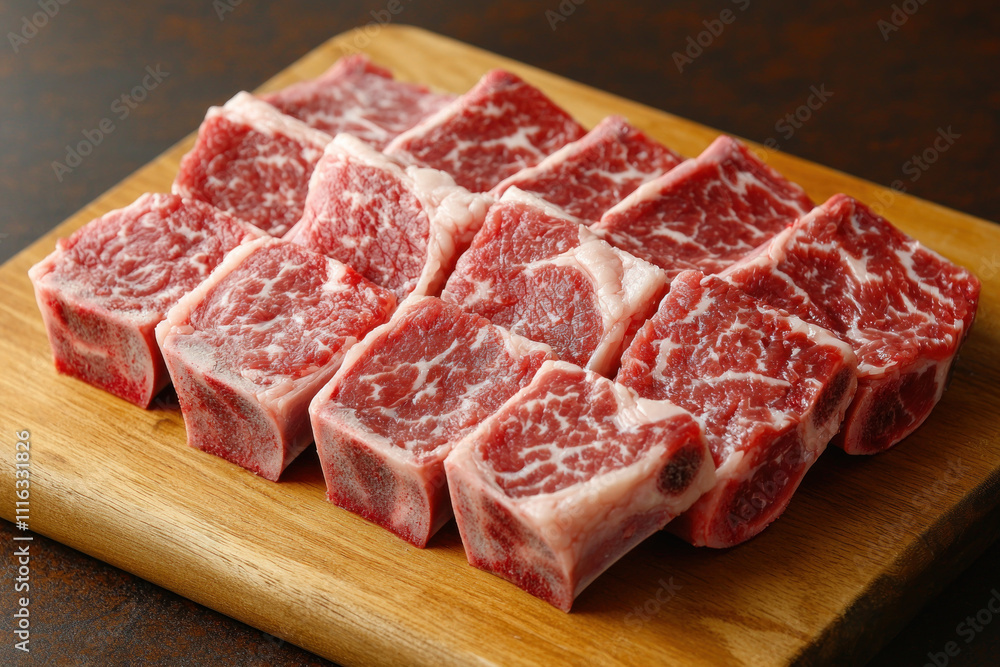 Raw beef short ribs on a wooden cutting board. Raw beef short ribs on a wooden cutting board.