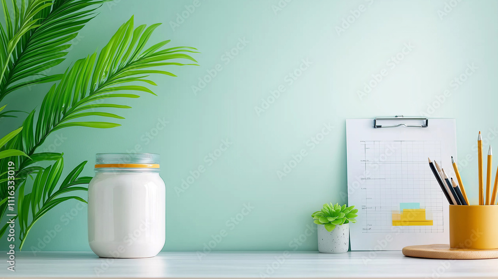 a savings jar placed beside a notebook, sunlit artist's studio background, positioned to the right a savings jar placed beside a notebook, sunlit artist's studio background, positioned to the right
