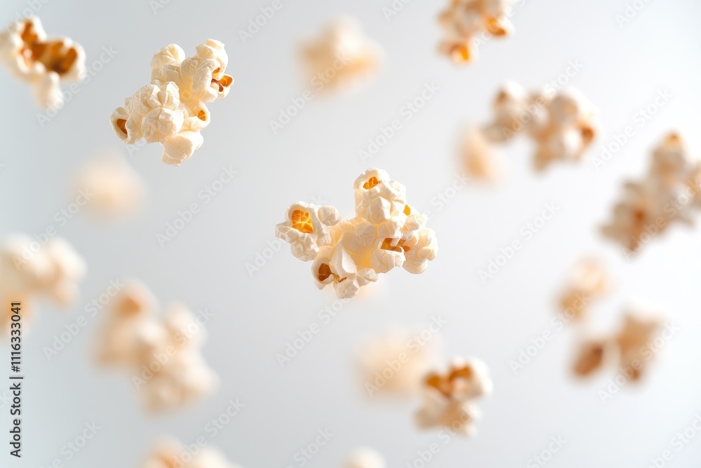 A collection of fresh popcorn kernels floating in mid-air against a white background A collection of fresh popcorn kernels floating in mid-air against a white background