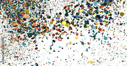 Abstract background image of colorful confetti and streamers exploding on a white background. Perfect for celebrations, parties, and festive occasions.