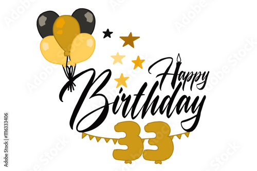 vector design featuring calligraphic "Happy Birthday" text with golden balloons, including a large balloon shaped as the number 33, creating an elegant and celebratory theme 