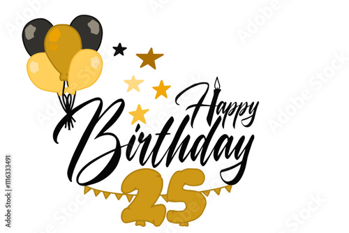 vector design featuring calligraphic "Happy Birthday" text with golden balloons, including a large balloon shaped as the number 25, creating an elegant and celebratory theme 