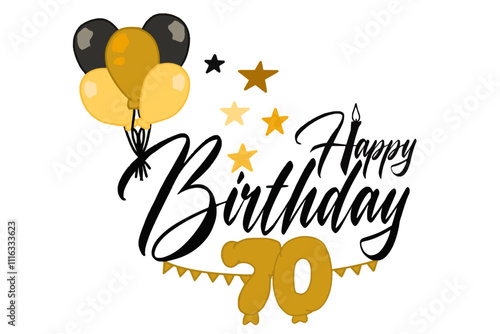 vector design featuring calligraphic "Happy Birthday" text with golden balloons, including a large balloon shaped as the number 70, creating an elegant and celebratory theme 