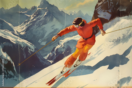 Winter sports and woman skiing in winter resort. 60s and 70s style retro poster. Colorful winter holidays greeting card and banner. Perfect winter conditions for skiing.