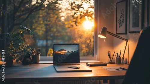 Laptop, desk, sunset view, cozy workspace.