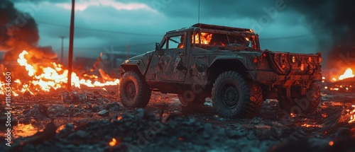 A rugged armored vehicle stands in a fiery post-apocalyptic landscape, exuding strength amidst surrounding chaos and blazing flames. photo