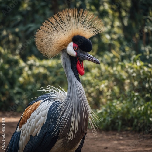 A crowned crane displaying its regal plumage in a safari park.

 photo