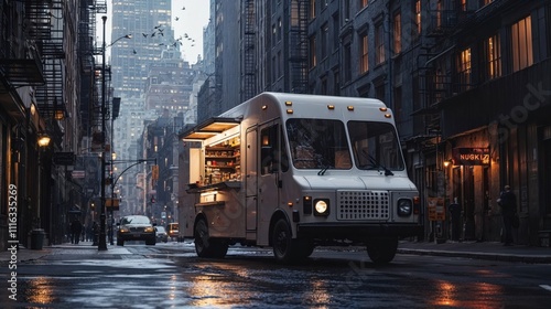 Food truck illuminated at dusk on moody NYC street with fire escapes, wet pavement reflecting city lights, and birds flying overhead
