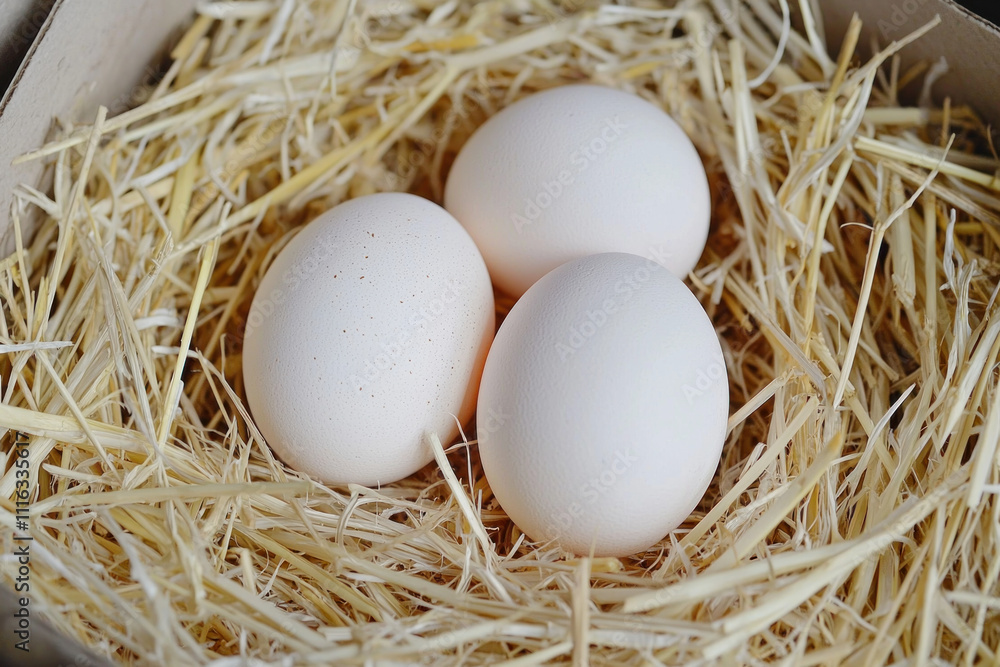 Three white eggs nestled in a bed of straw. Three white eggs nestled in a bed of straw.
