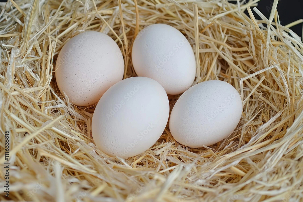 Four white eggs nestled in a straw nest. (1) Four white eggs nestled in a straw nest. (1)