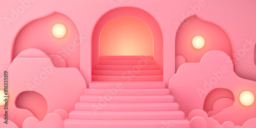 Elegant pink archway with glowing lights, fantasy archway with rounded shapes, whimsical pink dreamland with lights and steps