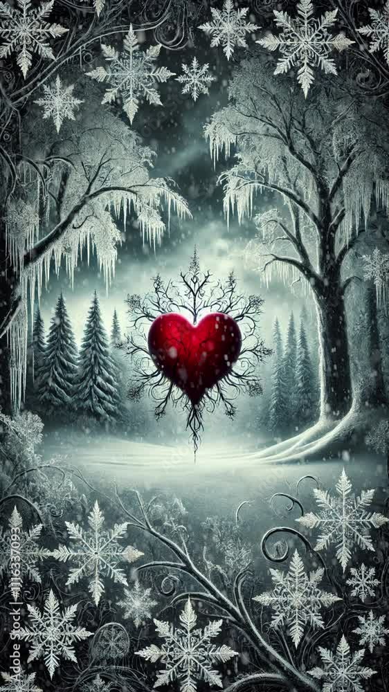 Fairytale winter background with red heart and snowflakes