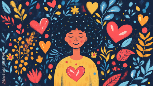 A person practicing self-compassion, surrounded by symbols of self-love and care, representing emotional healing and mental well-being.