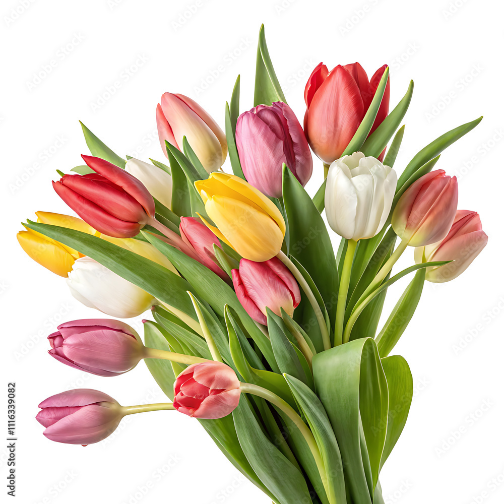Obraz premium Bouquet of fresh multicolor tulips head isolated white background.AI GENERATED