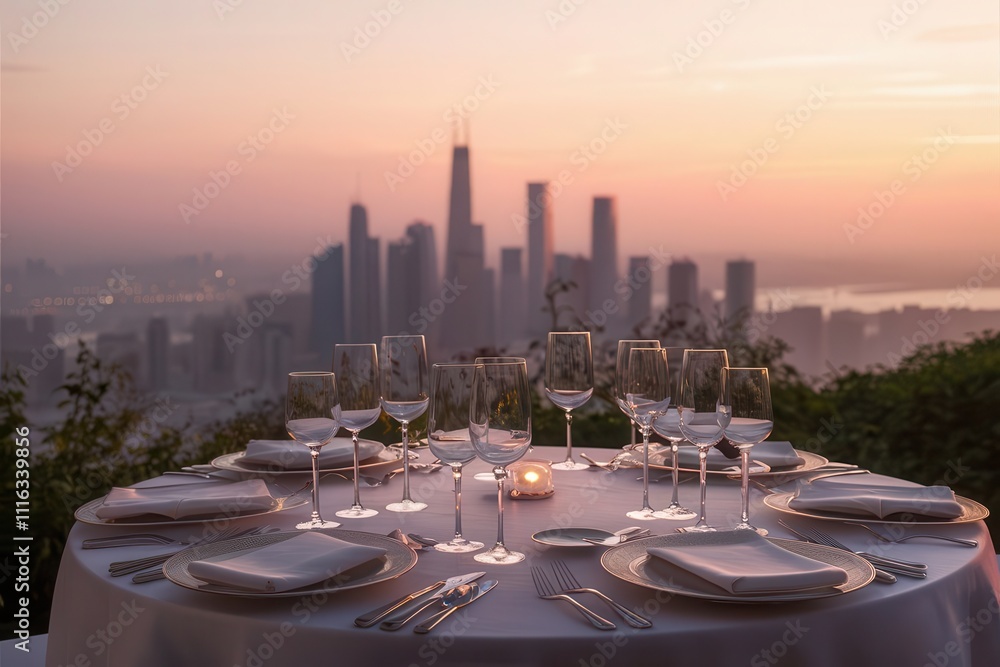 Fototapeta premium Romantic Dinner with a City Skyline View