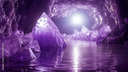 violet color insides of the underwater cave  with amethyst cristals glowing over sea level photo