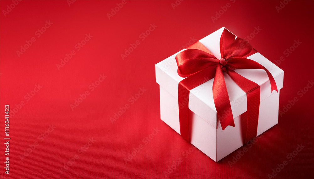 Fototapeta premium White gift box with red ribbon on bright red