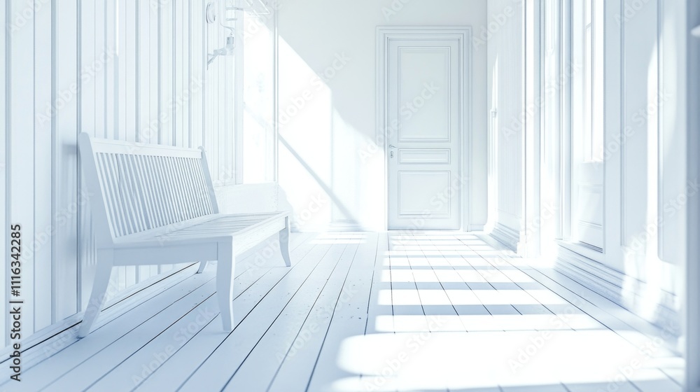 Obraz premium Interior of minimalistic room with wooden floor and bench. Natural sunlight streaming in through windows.