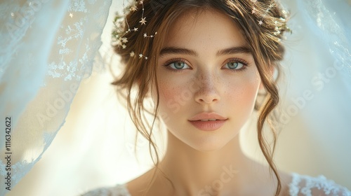 A close-up portrait of a bride with soft features and a delicate veil, exuding elegance and beauty.