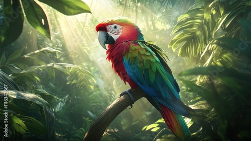 Wallpaper Mural Vibrant macaw perched on branch, lush jungle. Torontodigital.ca