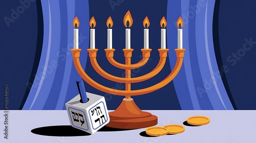 Hanukkah Menorah Candles Dreidel Coins Festive Celebration photo