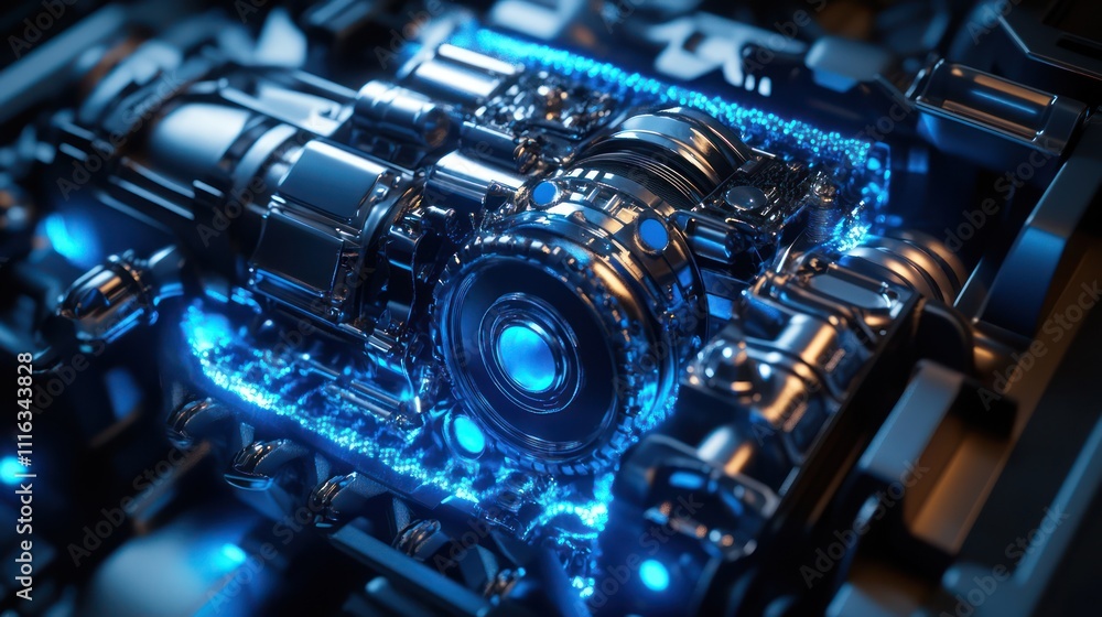 Fototapeta premium Futuristic mechanical engine with glowing blue accents