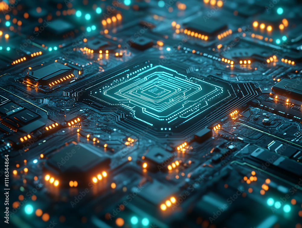 Obraz premium futuristic electronic circuit board with glowing components, primarily in shades of blue and green. The circuit design is intricate, featuring multiple interconnected paths