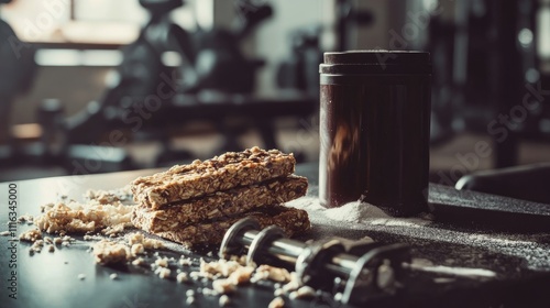 A high-energy gym scene with whey protein powder and energy bars on a workout bench photo