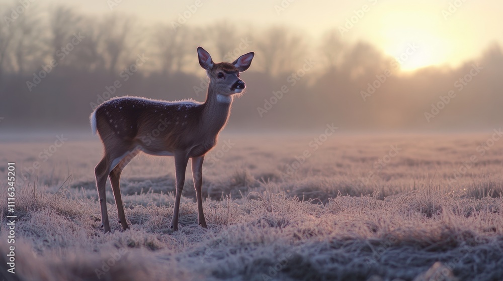 Imagine a young deer standing gracefully in a frost-covered meadow, its breath visible in the crisp morning air as the pale winter sun begins to rise. Imagine a young deer standing gracefully in a frost-covered meadow, its breath visible in the crisp morning air as the pale winter sun begins to rise.