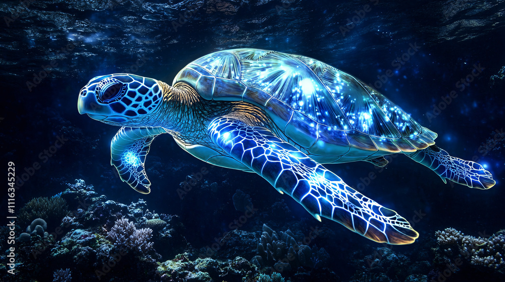 Obraz premium A sea turtle adorned with luminous Polynesian tattoos in aqua and coral, swimming gracefully through a coral reef, its light casting reflections on the seafloor. 