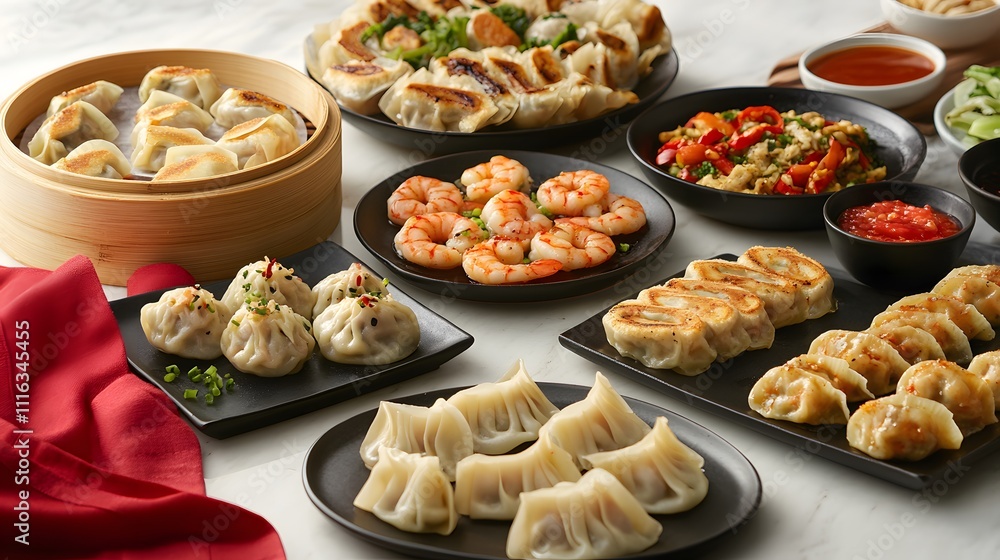 Delicious Assorted Dumplings with Dipping Sauces and Steamed Buns Delicious Assorted Dumplings with Dipping Sauces and Steamed Buns