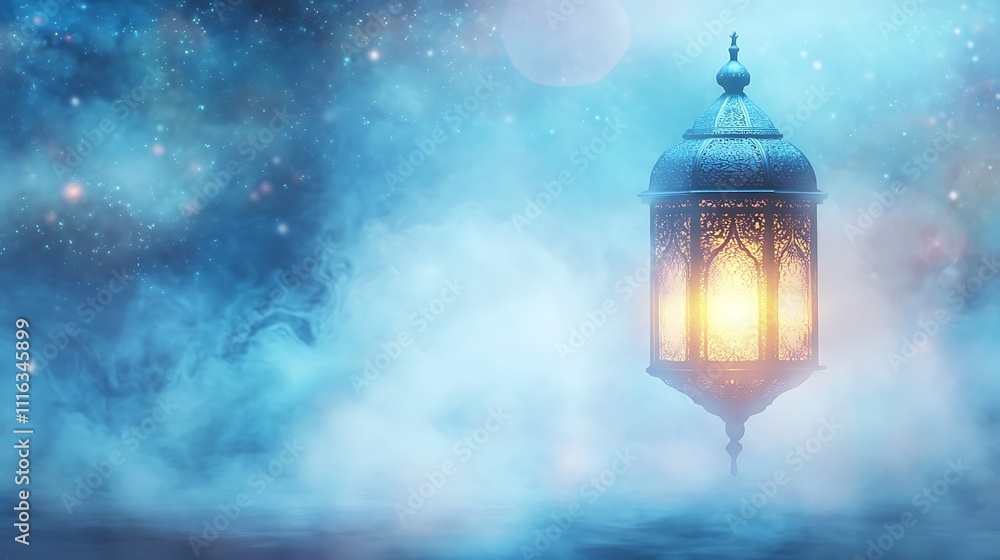 Illuminated Lantern Hanging In Mystical Night Sky Illuminated Lantern Hanging In Mystical Night Sky