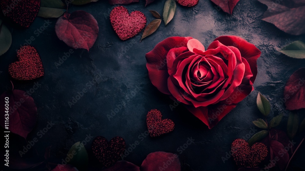 A red rose in the shape of a heart is surrounded by glittery hearts and dark green leaves on a black background with subtle lights. It has a dreamy, Valentine's vibe.
