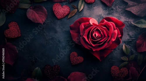 Obraz na płótnie A red rose in the shape of a heart is surrounded by glittery hearts and dark green leaves on a black background with subtle lights. It has a dreamy, Valentine's vibe. w salonie