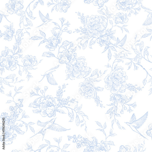 Graphic seamless pattern with flowers and birds. Illustration