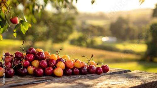  foodies dream scene featuring goreous produce - cherries and passonfruit spilling out onto a farmers table with a defocused australian farm background photo