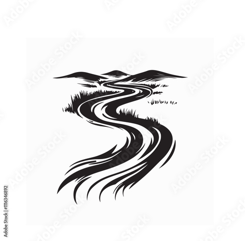 River Valley image vector. A river running through a valley silhouette vector on white background.