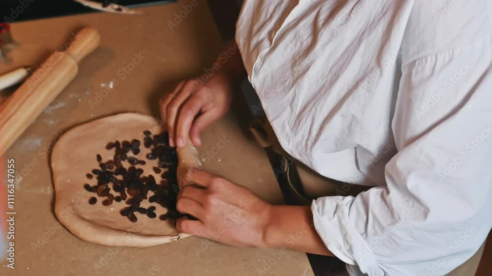 Woman preparing dough with raisins in a cozy kitchen setting Woman preparing dough with raisins in a cozy kitchen setting
